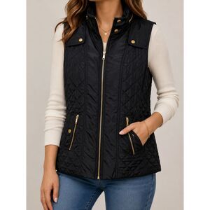 Tart Collections Black Quilted Puffer Vest Gold Zip Snap Hooded Women’s L